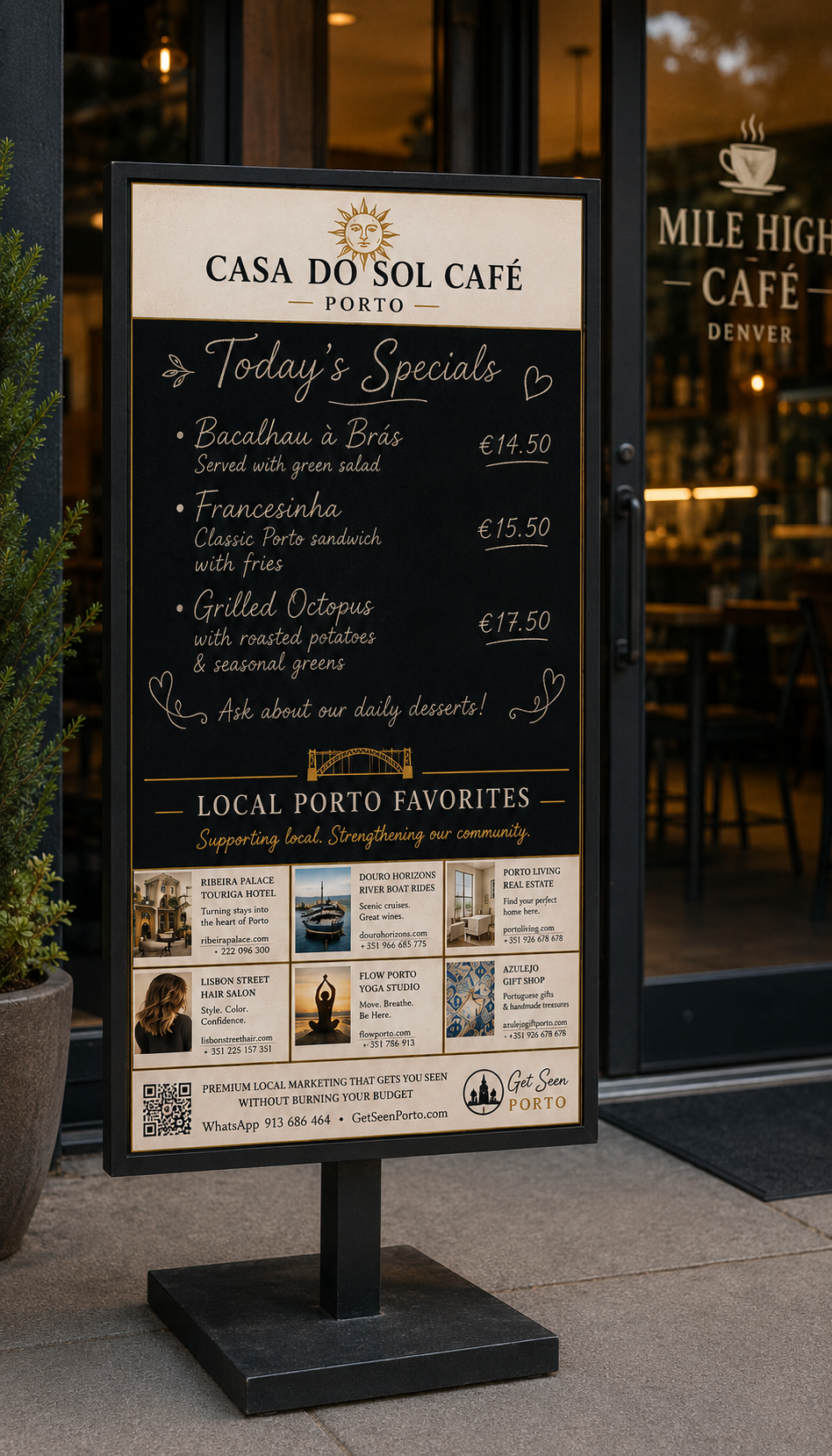 A Get Seen Porto display board inside a Porto café, featuring six local businesses