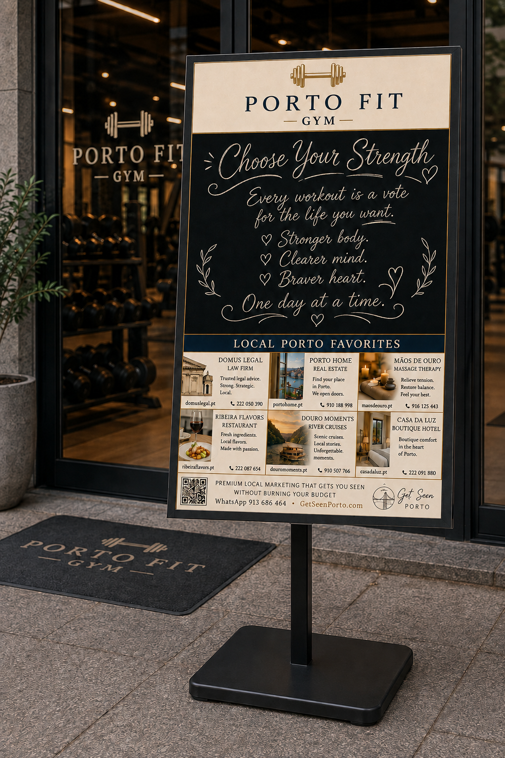 A Get Seen Porto display board inside a Porto gym, featuring six local businesses